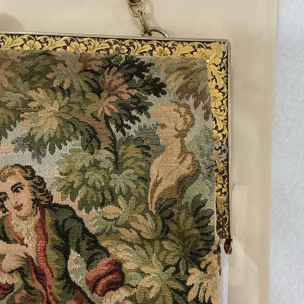 Vintage Delill Tapestry Frame Kisslock Clutch Bag Chain Strap French Rococo 50s